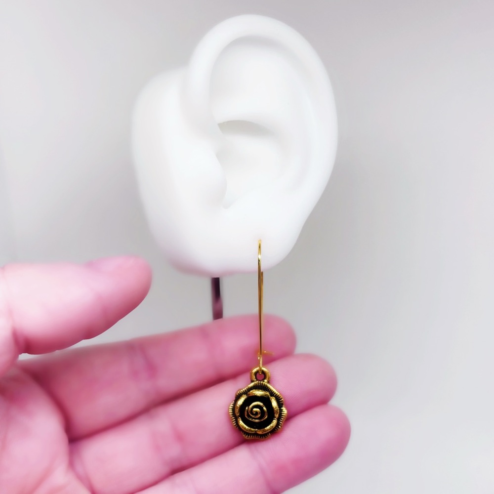 Artisan Handcrafted Antiqued Brass Long Kidney Wire Detailed Rose Earrings! - Picture 2 of 7